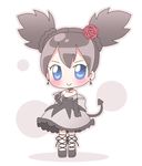  &gt;:) blush brown_dress chibi cross-laced_footwear demon_tail dress flower full_body hair_flower hair_ornament kuromi kurumi_nui looking_at_viewer mirai_(sugar) onegai_my_melody shoes simple_background smile solo standing tail twintails v-shaped_eyebrows white_background 