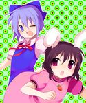  animal_ears blue_dress blue_eyes blue_hair blush bow brown_hair bunny_ears carrot carrot_necklace circle cirno dress green_background hair_bow inaba_tewi jewelry looking_at_viewer multiple_girls no_wings one_eye_closed open_mouth patterned pendant pink_dress puffy_short_sleeves puffy_sleeves purple_eyes red_ribbon ribbon short_hair short_sleeves subaru_(yachika) touhou upper_body 