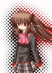  akane_souichi bow brown_hair brown_skirt collared_shirt little_busters! long_hair long_sleeves looking_at_viewer natsume_rin pink_bow ponytail red_eyes school_uniform shirt sidelocks skirt solo standing very_long_hair 