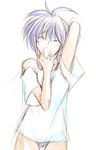  blue_eyes blue_hair hagane_soushi lyrical_nanoha mahou_shoujo_lyrical_nanoha_strikers nightshirt panties short_hair sketch solo subaru_nakajima underwear yawning 