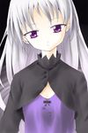  artist_request darker_than_black dress hair_down long_hair long_sleeves looking_at_viewer ponytail purple_dress solo upper_body white_hair yin 