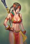  armlet artist_request breasts brown_eyes brown_hair cleavage crop_top earrings fingerless_gloves glaive gloves hair_tubes hand_on_hip headband jewelry large_breasts lips midriff multi-tied_hair nose pelvic_curtain polearm ponytail seong_mi-na solo soulcalibur toned weapon 