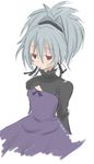  1girl darker_than_black dress female grey_hair hair_ribbon long_sleeves ponytail purple_dress red_eyes ribbon simple_background solo white_background yin 