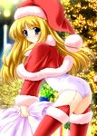  akino_shin aqua_eyes arched_back ass blonde_hair blush capelet christmas copyright_request garter_straps hat leaning_forward one-piece_swimsuit red_capelet sack santa_costume santa_hat solo swimsuit swimsuit_under_clothes thighhighs 
