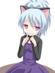  animal_ears cat_ears darker_than_black dress female fingersmile grey_hair hair_ribbon long_sleeves maroon_eyes minitesu ponytail purple_dress purple_ribbon ribbon sitting yin 