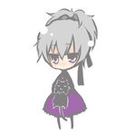  1girl black_cat carry carrying cat chibi darker_than_black dress female full_body grey_hair hair_ribbon long_sleeves lowres mao_(darker_than_black) ponytail purple_dress ribbon simple_background white_background yin 