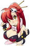  asymmetrical_gloves bikini_top blush breasts cleavage clenched_hands fingerless_gloves forearms_at_chest gloves hair_ornament hairpin high_ponytail large_breasts long_hair nishimo parted_lips pink_legwear red_hair short_shorts shorts simple_background skull_hair_ornament solo tengen_toppa_gurren_lagann thighhighs white_background yellow_eyes yoko_littner 