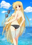  amicis ass bikini blonde_hair blush breasts cloud day fate_testarossa happy long_hair looking_back lyrical_nanoha mahou_shoujo_lyrical_nanoha_strikers medium_breasts ocean outdoors red_eyes sideboob sky solo swimsuit topless undressing very_long_hair water 