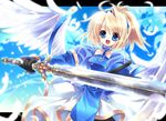  :d blonde_hair blue_eyes capura_lin feathers gloves open_mouth original short_hair sky smile solo sword weapon wings 