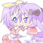  :d :o blush chibi evil_smile hiiragi_kagami hiiragi_tsukasa hug long_sleeves looking_back lucky_star mirai_(sugar) multiple_girls open_mouth parted_lips pink_eyes pink_hair pink_neckwear pleated_skirt red_skirt ryouou_school_uniform sailor_collar school_uniform serafuku shirt skirt smile tareme tsurime white_shirt 