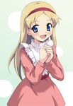  blonde_hair blue_eyes blush copyright_request dress frills hairband long_hair nippori pink_dress smile solo white_background 