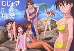  azumanga_daiou barefoot beach bikini closed_eyes day flip-flops glasses highres kagura_(azumanga_daiou) kasuga_ayumu mihama_chiyo mizuhara_koyomi multiple_girls official_art one-piece_swimsuit one-piece_tan outdoors palm_tree pink_swimsuit sakaki sandals scan short_twintails swimsuit tachibana_hideki takino_tomo tan tanline tree twintails 