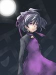  cleavage_cutout darker_than_black dress full_moon long_sleeves looking_afar lowres moon moonlight mudo_(saji) pink_eyes purple_dress short_hair silver_hair solo standing yin 