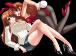  animal_ears asahina_mikuru asahina_mikuru_(adult) ass breasts brown_eyes brown_hair bunny_ears bunnysuit crossed_legs high_heels kishi_nisen large_breasts legs lipstick long_legs makeup miniskirt multiple_girls one_eye_closed orange_hair pantyhose pencil_skirt shoes sitting skirt suzumiya_haruhi_no_yuuutsu tail thighs time_paradox timeskip 