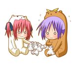  :3 =_= animal_costume bear_costume bear_tsukasa bear_yutaka blush capybara-san chibi hiiragi_tsukasa kobayakawa_yutaka lowres lucky_star minami_(colorful_palette) multiple_girls o_o purple_hair red_hair short_hair simple_background sitting sweat teruterubouzu 