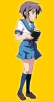  bangs blue_sailor_collar blue_skirt book kita_high_school_uniform nagato_yuki nippori sailor_collar school_uniform serafuku short_hair skirt solo suzumiya_haruhi_no_yuuutsu 