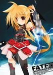  bardiche belt blonde_hair electricity engrish fate_testarossa fingerless_gloves gloves itotin long_hair lyrical_nanoha magic_circle magical_girl mahou_shoujo_lyrical_nanoha ranguage solo thighhighs twintails 