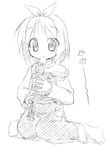  greyscale hiiragi_tsukasa instrument kagura_yuuki lowres lucky_star monochrome overalls recorder sketch solo 