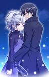  1girl black_eyes black_hair coat darker_than_black dress hei knife long_sleeves night purple_eyes shiumai silver_hair sky star trench_coat yin 