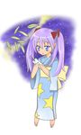  1girl hiiragi_kagami japanese_clothes kimono lucky_star print_dress print_kimono purple_hair sandals star_print 