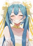  1girl :3 ^_^ absurdres bare_shoulders blue_hair bow closed_eyes collarbone commentary detached_sleeves eyebrows_behind_hair eyelashes facing_viewer flower grin hair_bow hatsune_miku highres long_hair long_sleeves smile solo twintails upper_body vocaloid white_background yellow_bow yellow_flower yuu_(higashi_no_penguin) 