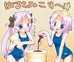  artist_request balsamic_vinegar cake food hair_ribbon hiiragi_kagami hiiragi_tsukasa lucky_star multiple_girls one-piece_swimsuit pastry ribbon school_swimsuit swimsuit translated 