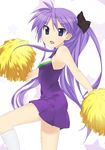  :d armpits bare_shoulders blue_eyes cheerleader dress hair_ribbon hiiragi_kagami leg_up looking_at_viewer lucky_star mizuki_makoto open_mouth pom_pom_(clothes) pom_poms pose purple_dress purple_hair ribbon sleeveless sleeveless_dress smile solo standing standing_on_one_leg twintails 