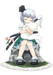  closed_eyes gahiro hitodama hug konpaku_youmu konpaku_youmu_(ghost) sitting sleeping sleeping_upright solo sword touhou weapon 