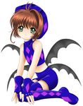  blue_footwear blue_legwear blue_shirt boots brown_hair cardcaptor_sakura demon_wings fingerless_gloves flipper full_body gloves green_eyes hat kinomoto_sakura looking_at_viewer midriff navel purple_hat shirt short_hair short_shorts shorts simple_background sitting smile solo wariza white_background wings 