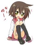  blush brown_eyes brown_hair convenient_leg fang ixy kusakabe_misao lucky_star ryouou_school_uniform school_uniform serafuku short_hair solo translated 