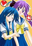  ^_^ anger_vein angry arm_grab arm_holding arm_hug blue_skirt blush bow bowtie closed_eyes head_tilt heart hiiragi_kagami izumi_konata long_hair lucky_star mole mole_under_eye multiple_girls pleated_skirt puffy_short_sleeves puffy_sleeves purple_eyes purple_hair ryouou_school_uniform sailor_collar school_uniform serafuku shirt short_sleeves sidelocks skirt spoken_anger_vein spoken_heart twintails very_long_hair white_shirt wkenta yellow_bow yellow_neckwear yuri 