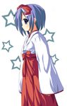  blue_eyes blue_hair from_side hakama hiiragi_tsukasa japanese_clothes kimono long_sleeves lucky_star miko odayan profile red_hakama short_hair solo standing wide_sleeves 