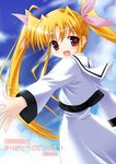  blonde_hair blue_sky blush bow brown_eyes cloud cloudy_sky day dress english fate_testarossa hits kanji kouzuki_hajime long_hair looking_at_viewer lyrical_nanoha mahou_shoujo_lyrical_nanoha mahou_shoujo_lyrical_nanoha_a's number open_mouth pink_bow red_eyes sailor_dress school_uniform seishou_elementary_school_uniform sky solo translation_request twintails 