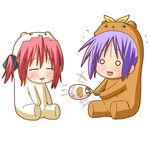  :3 animal_costume bear_costume bear_tsukasa bear_yutaka capybara-san chibi fan hiiragi_tsukasa kobayakawa_yutaka lowres lucky_star minami_(colorful_palette) multiple_girls o_o open_mouth purple_hair red_hair short_hair simple_background sitting sweat 