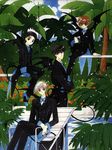  4boys black_hair brown_hair card_captor_sakura child clamp formal highres kinomoto_touya li_syaoran li_xiaolang male male_focus multiple_boys official_art short_hair tropical tsukishiro_yukito white_hair wings yamazaki_takashi 