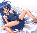 :o ahoge avalon bangs barefoot bed_sheet blue_hair blue_swimsuit blush cameltoe collarbone colored_eyelashes crotch dutch_angle eyebrows eyebrows_visible_through_hair flat_chest from_above full_body green_eyes groin_tendon hair_between_eyes indoors izumi_konata long_hair looking_at_viewer lucky_star lying mole mole_under_eye on_back on_bed one-piece_swimsuit open_mouth school_swimsuit sidelocks simple_background single_vertical_stripe solo spread_legs surprised sweat swimsuit triangle_mouth very_long_hair white_background 