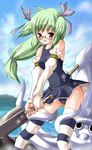  bow bows frills glasses green_hair red_eyes squid striped stripes sword thighhighs weapon 