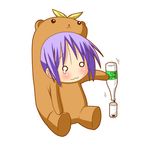  :3 animal_costume bear_costume bear_tsukasa bottle capybara-san chibi glass hiiragi_tsukasa lowres lucky_star minami_(colorful_palette) o_o purple_hair short_hair simple_background sitting solo teardrop 