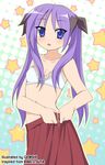  bare_shoulders blue_eyes blush bra breasts cleavage collarbone embarrassed genshi hiiragi_kagami lace lingerie long_hair lucky_star midriff navel open_mouth pleated_skirt purple_hair skirt small_breasts solo star tsurime twintails underwear undressing 
