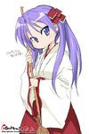  blue_eyes broom hakama hiiragi_kagami japanese_clothes long_hair lucky_star miko oekaki onija_tarou purple_hair red_hakama sketch solo twintails 