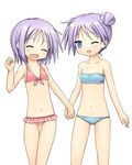  bikini chaudlapin hiiragi_kagami hiiragi_tsukasa holding_hands lowres lucky_star multiple_girls purple_hair siblings sisters swimsuit twins 