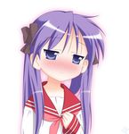  blush hair_ribbon hiiragi_kagami lucky_star pink_neckwear purple_eyes purple_hair ribbon rodori_gesu ryouou_school_uniform school_uniform serafuku simple_background solo tsurime twintails 