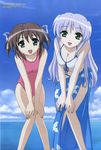  2girls :d asagiri_mai bangs beads bikini blue_eyes blue_sky breast_squeeze breasts brown_hair casual_one-piece_swimsuit cleavage cloud crescent_love feena_fam_earthlight floral_print front-tie_top green_eyes grey_hair hair_ribbon hands_on_knees happy highres knees_touching lavender_hair leaning_forward long_hair looking_at_viewer megami multiple_girls navel ocean official_art one-piece_swimsuit open_mouth pink_swimsuit purple_hair ribbon saitou_masakazu sarong scan sea short_hair short_twintails sidelocks sky smile standing swimsuit twintails very_long_hair water wet wet_hair white_bikini white_swimsuit yoake_mae_yori_ruri_iro_na yoake_mae_yori_ruri_iro_na:_crescent_love 