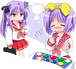  hiiragi_kagami hiiragi_tsukasa lowres lucky_star multiple_girls otaut-r pink_neckwear purple_hair ryouou_school_uniform school_uniform serafuku siblings sisters tears twins 