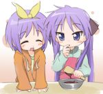  blue_eyes chocolate_making closed_eyes hiiragi_kagami hiiragi_tsukasa ixy long_hair lucky_star mixing_bowl multiple_girls open_mouth purple_hair short_hair siblings sisters twins twintails very_long_hair 