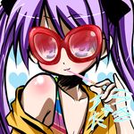  bare_shoulders body_blush breasts cleavage close-up collarbone drinking drinking_straw face glasses hiiragi_kagami holding large_breasts long_hair looking_at_viewer lowres lucky_star nukunuku purple_eyes purple_hair red-framed_eyewear shade smile solo sunglasses twintails upper_body 