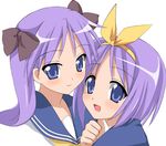  :d black_bow blush bow hair_bow hiiragi_kagami hiiragi_tsukasa looking_at_viewer lowres lucky_star multiple_girls open_mouth purple_hair r-type_nirvana ryouou_school_uniform school_uniform serafuku shirt siblings simple_background sisters smile twins upper_body white_background white_shirt yellow_bow yellow_neckwear 