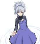  blue_skirt breasts brown_eyes cleavage_cutout closed_mouth darker_than_black expressionless long_sleeves looking_at_viewer outstretched_arm ponytail satou_atsuki silver_hair simple_background skirt small_breasts solo standing white_background yin 