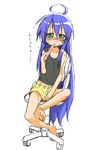  ahoge barefoot blue_hair blush chair crossed_legs feet food hot izumi_konata long_hair lucky_star mikami_komata mole mole_under_eye popsicle shorts sitting solo sweat tank_top triangle_mouth tupet very_long_hair 