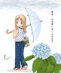  1girl ana_coppola bag child denim flower hydrangea ichigo_mashimaro jeans pants sneakers solo umbrella white_background 